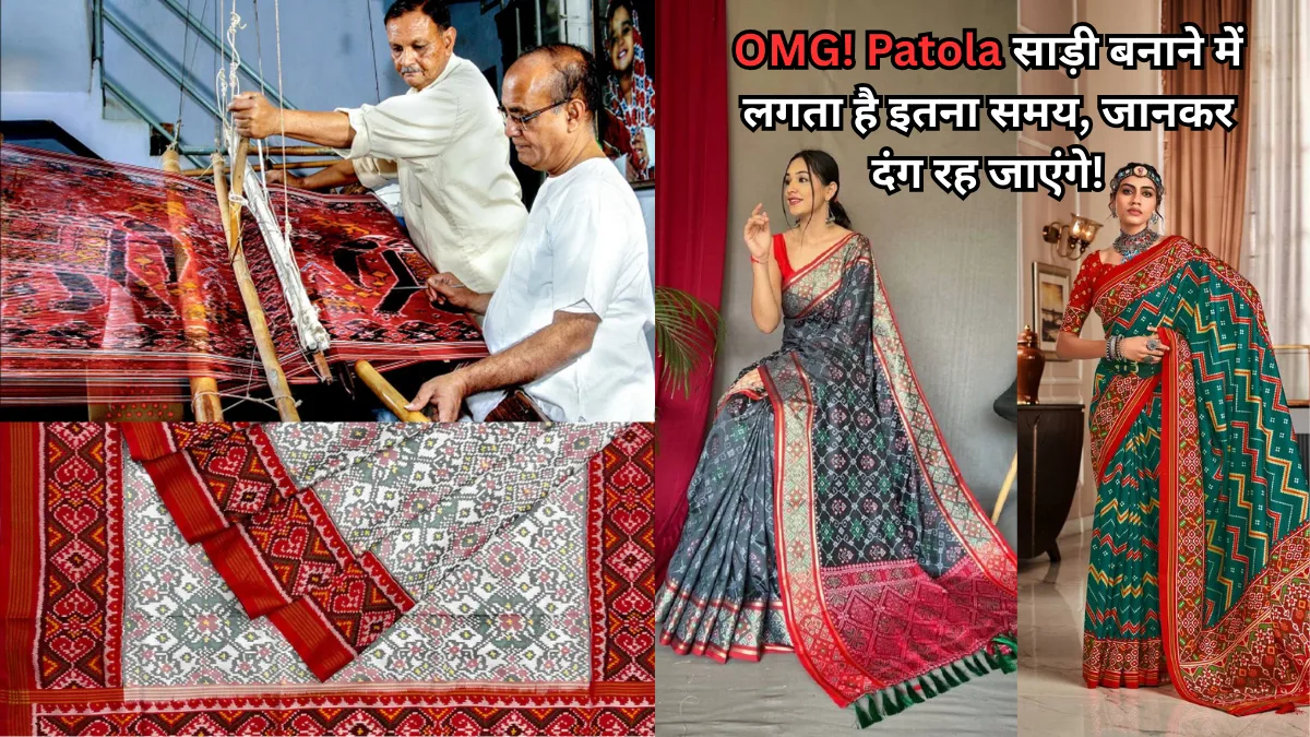 Traditional Patola saree weaving process by artisans and models wearing colorful Patola sarees showcasing intricate handloom design